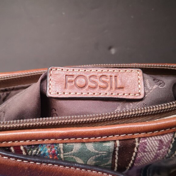 VTG Fossil Ladies Multi Colored Patchwork Leather & Fabric Shoulder Baguette Bag - Picture 5 of 13